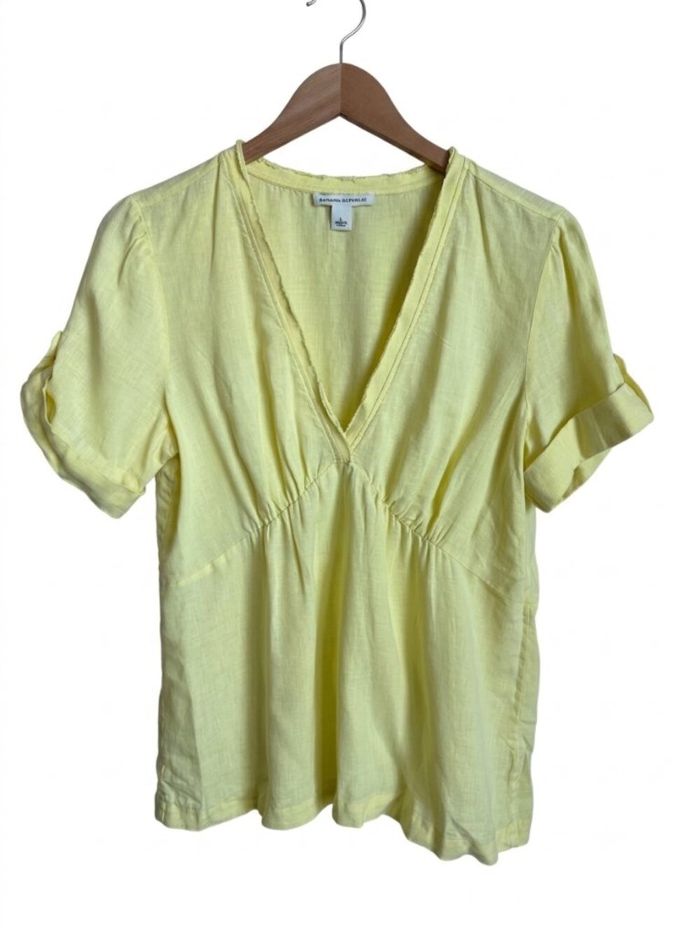 Banana Republic 100% Linen Empire Waist Blouse L Yellow V Neck Roll Tab Sleeve